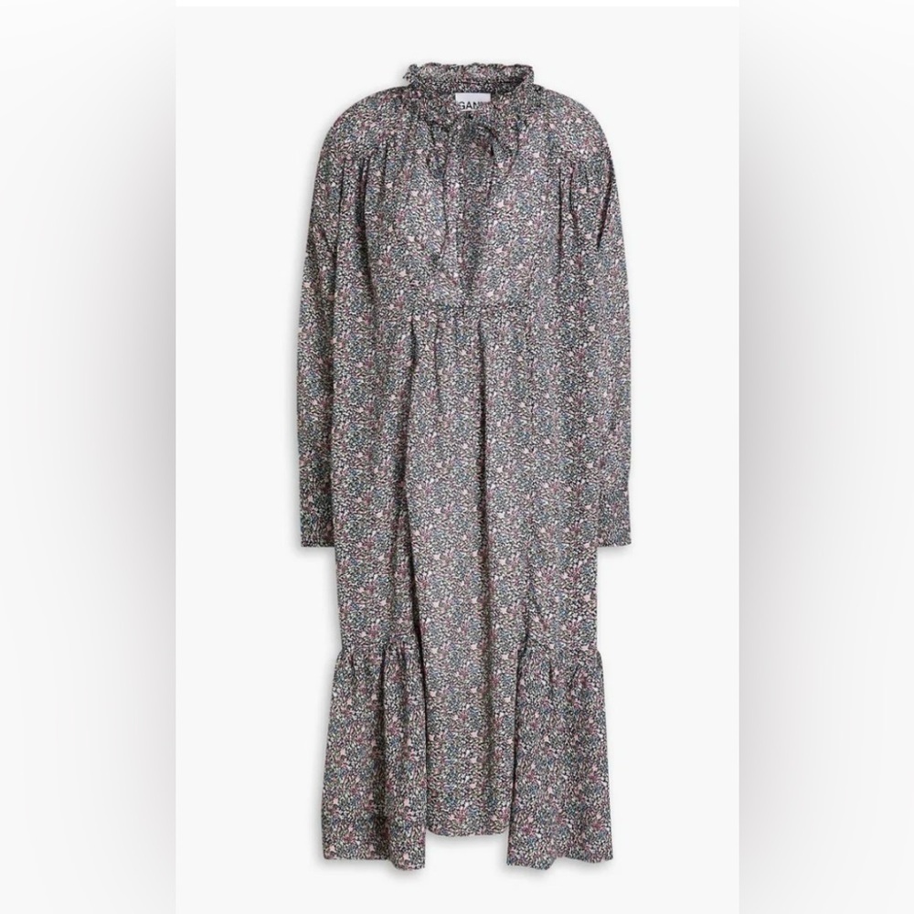 GANNI Ruffled Crepe Floral Print Midi Dress in Moonlight Mauve Size 36 / US 4 - Picture 3 of 16